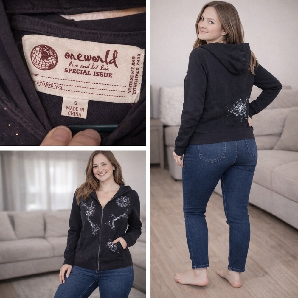 ONE WORLD Black Hoodie with Artistic Patterns